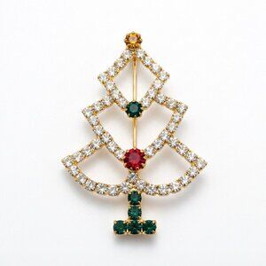 Clear Rhinestone Red Green Goldtone Christmas Tree Holiday Brooch EUC C57